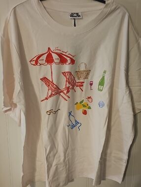 Future Collective Women's White Short Sleeve Tee with Summer Beach Print